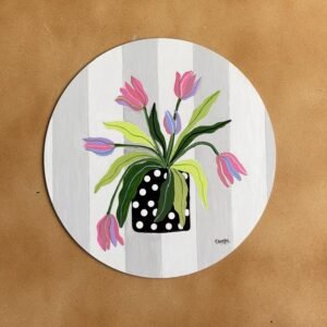 Polka-Dot Tulip Vase – Hand-Painted Floral Art on Round MDF Board